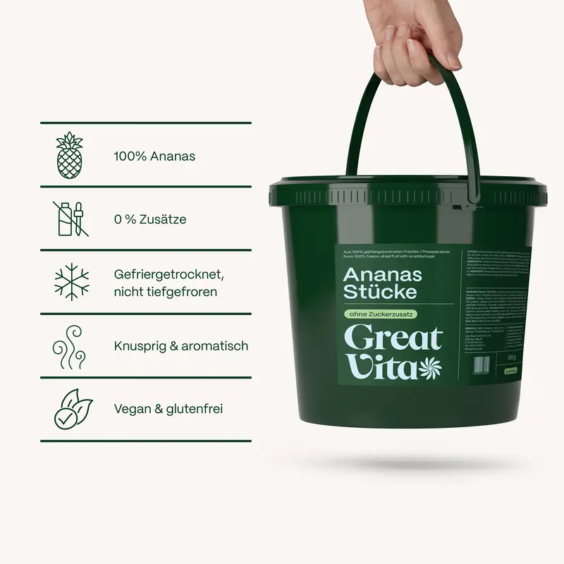 Ananas Chunks gefriergetrocknet · knusprige Vollfrucht ohne Zuckerzusatz · gefriergetrocknete Früchte · Freeze-dried pineapple chunks - GreatVita - Image 5